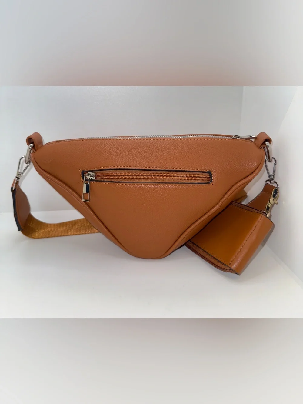 Designer-Inspired Brown Faux Leather Triangle Logo Crossbody Bag W/Pouch